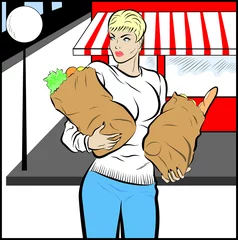 Crédence de cuisine en verre imprimé Des bandes dessinées femme tenant des paquets de courses dans ses bras