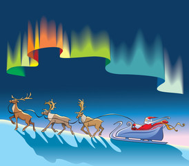 Santa sleighing with reindeer, under northern lights, vector