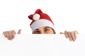 happy man in a christmas hat with Blank Sign