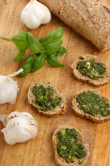 baguette as a snack with homemade fresh pesto