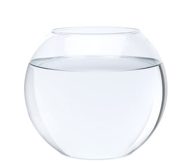 Empty fish bowl with water in front of white background