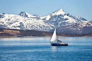 Sailboat and rocky coast