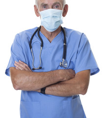 Doctor in mask and scrubs on white