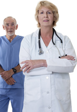 Male and female doctor on white background