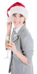 business girl in Santa hat and with champagne