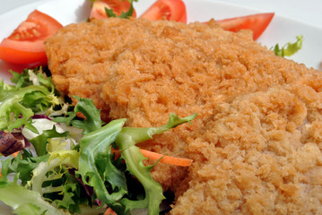 breaded fish steak with organic salad on a plate