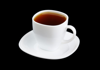 Obraz na płótnie Canvas White cup of strong tea on black background