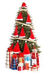 Christmas tree with santa hat and group gift box. Isolation.