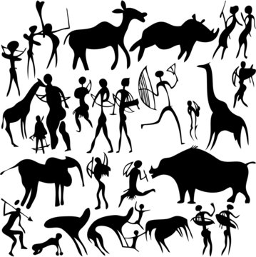 Cave painting on a white background. Vector art-illustration.