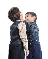 Happy children with fashionable clothes isolated