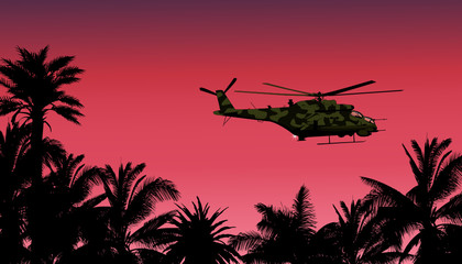 Fototapeta na wymiar Vector illustration of an helicopter against the sunset