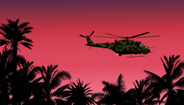 Vector illustration of an helicopter against the sunset