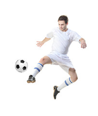 Fototapeta na wymiar Football player with ball isolated against white background