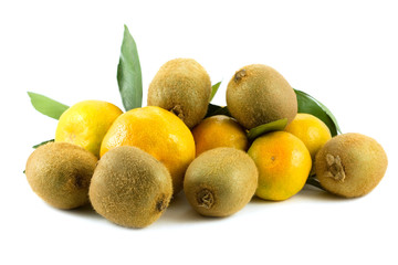 pile of tangerines and kiwi isolated on white