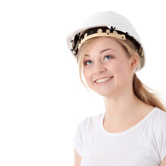 Engineer woman in white helmet