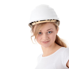 Engineer woman in white helmet