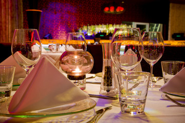 Restaurant table set for dinner