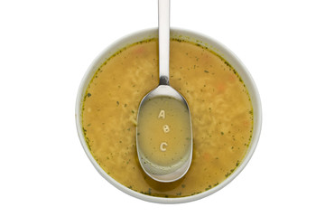 letters A B C spelled in alphabet soup