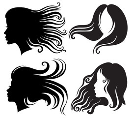Big set of black silhouettes of woman with long blowing hair