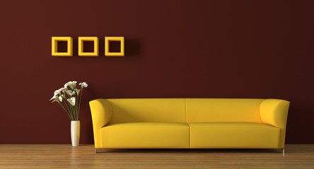 Modern interior with sofa and calla lily