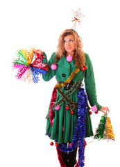 Beautiful woman with gift isolated on white