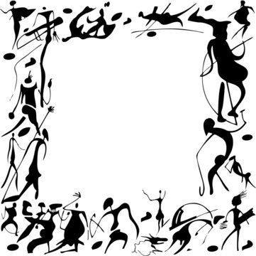 Cave paintings in the form of frames on a white background.