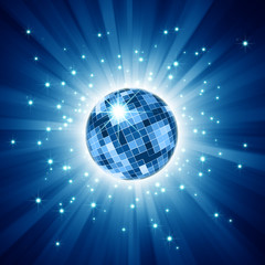 Sparkling disco ball on blue light burst and glitter stars