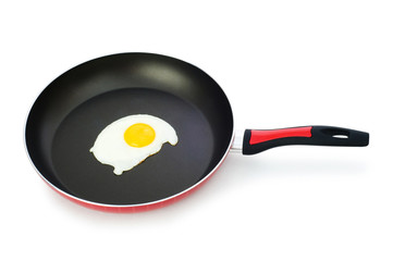 Frying pam with fried egg isolated on white