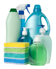 Blue and green containers of cleaning supplies