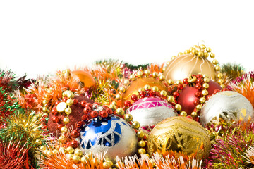 Beautiful Christmas decoration balls and colorful tinsel