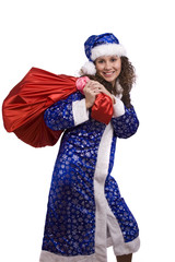 Santa woman is holding red sack with gifts.