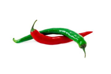 red and green chili peppers isolated on white background
