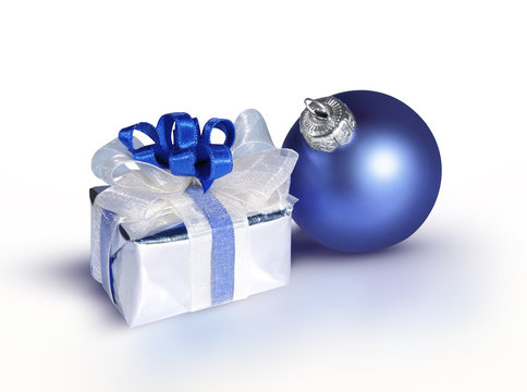 blue bauble and a gift on a white background