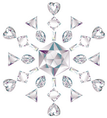 Snowflake made from different cut diamonds isolated on white