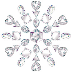 Snowflake made from different cut diamonds isolated on white