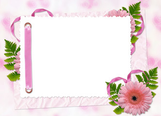 White frame with flower and ribbons on the pink background