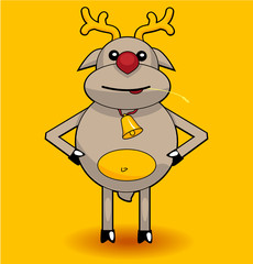 Reindeer with hand bell and straw in teeth.