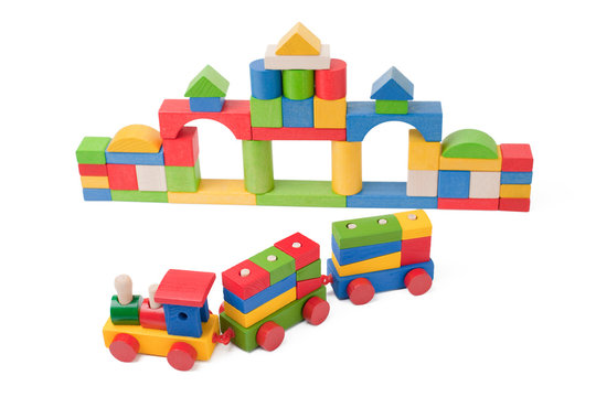 Colorful toy train and toy blocks