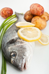 raw dorado fish with vegetables and lemon on white