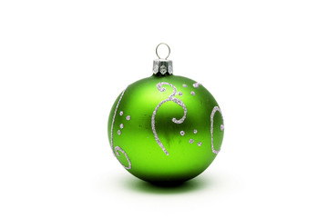 Green christmas ball with silver pattern isolated on white backg