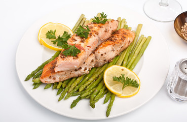 healthy salmon with coriander garnished with asparagus