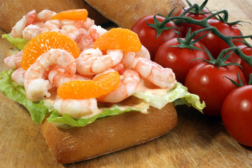 home baked bread with fresh organic prawns