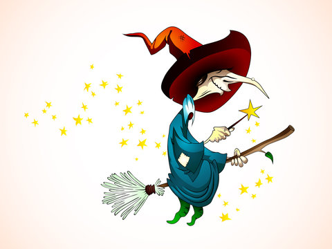 Spooky Witch with Magic Wand Flying on a Broom
