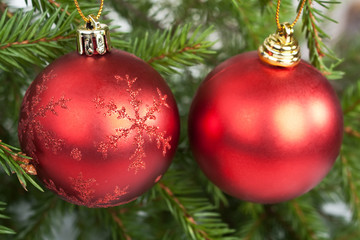 Obraz na płótnie Canvas Red christmas balls on Christmas tree