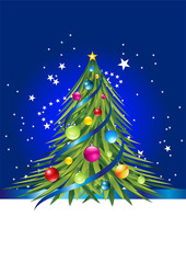 Blue card with colorful christmas tree and colorful ball on it