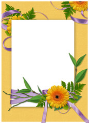 White frame with flower and ribbons on the yellow background