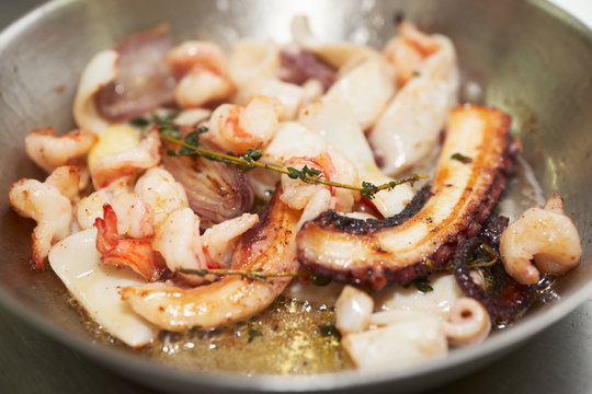 Seafood stir fried on pan