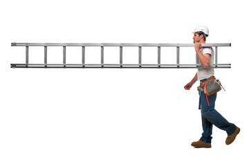 Builder with ladder - obrazy, fototapety, plakaty