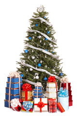 Christmas tree with blue ball, group gift box. Isolated.