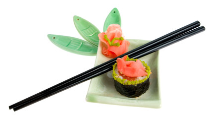 Isolated sushi plate with chopsticks